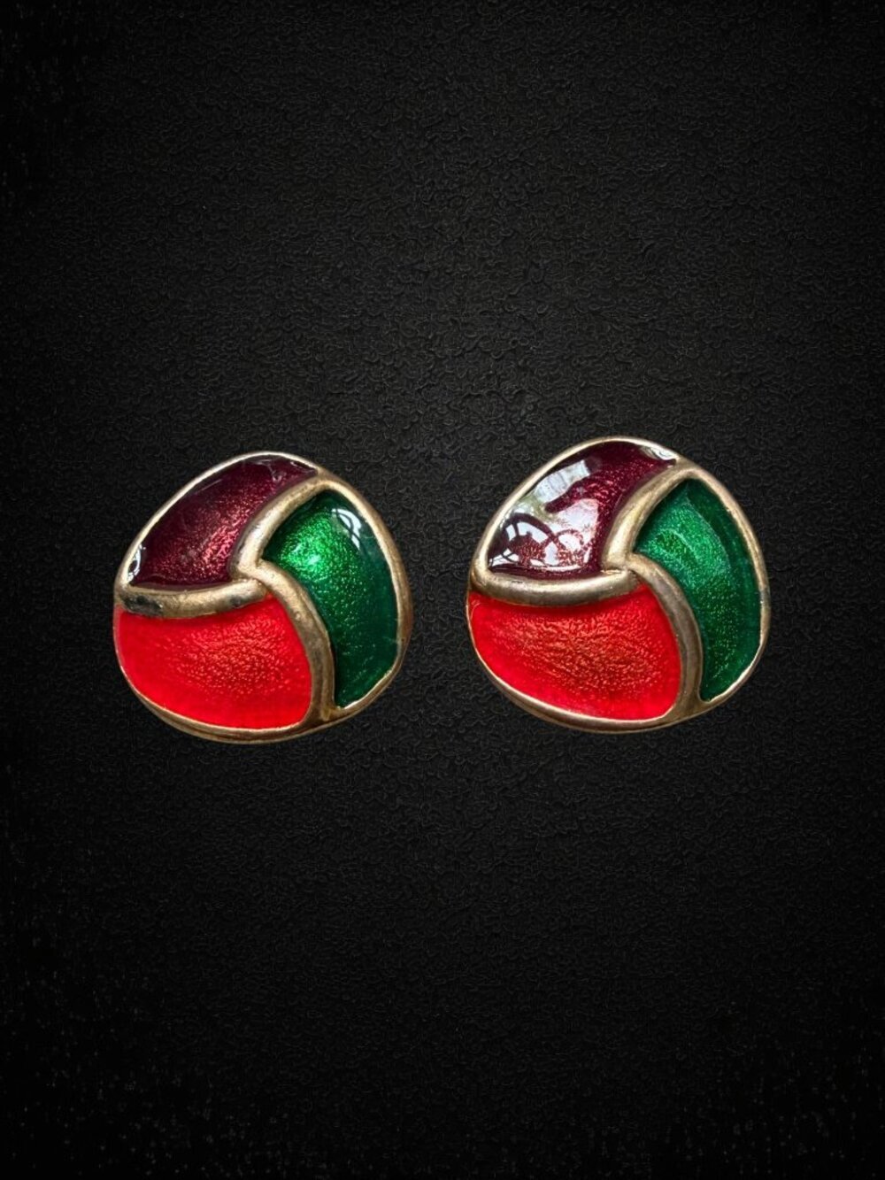 Vintage Enamel Clip Earrings 80s Mod Colorblock Geometric Gold Tone